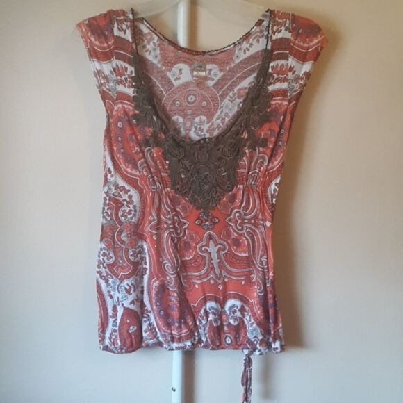 💫💫💫FREE  PEOPLE VINTAGE PAISLEY BOHO CROCHET  SCOOPNECK BLOUSE SIZE SMALL - Picture 1 of 6